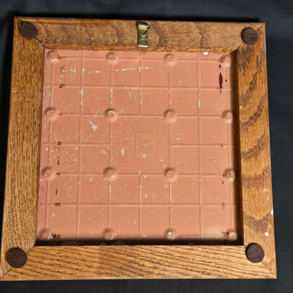 Vintage Italian Ceramic Wall Art Blue & Tan Daisy Tile in Wood Frame 9" Italy - Picture 4 of 8